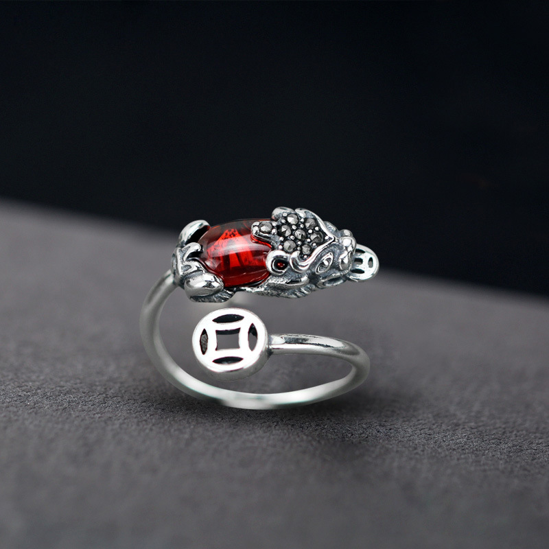 {aishang shop}Nhẫn Pi xiu bạc 925 Sterling nam Garnet Đồng may mắn bạc Thái Độc Đoán trang sức nữ Hipster cá tính của Men's xu hướng