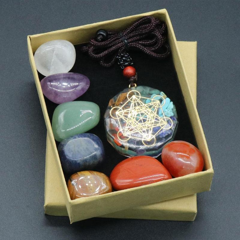 Đá luân xa pha lê tự nhiên đá thạch anh tím bộ yoga thiền chữa bệnh quà tặng hộp sưu tập reiki đá luân xa 7