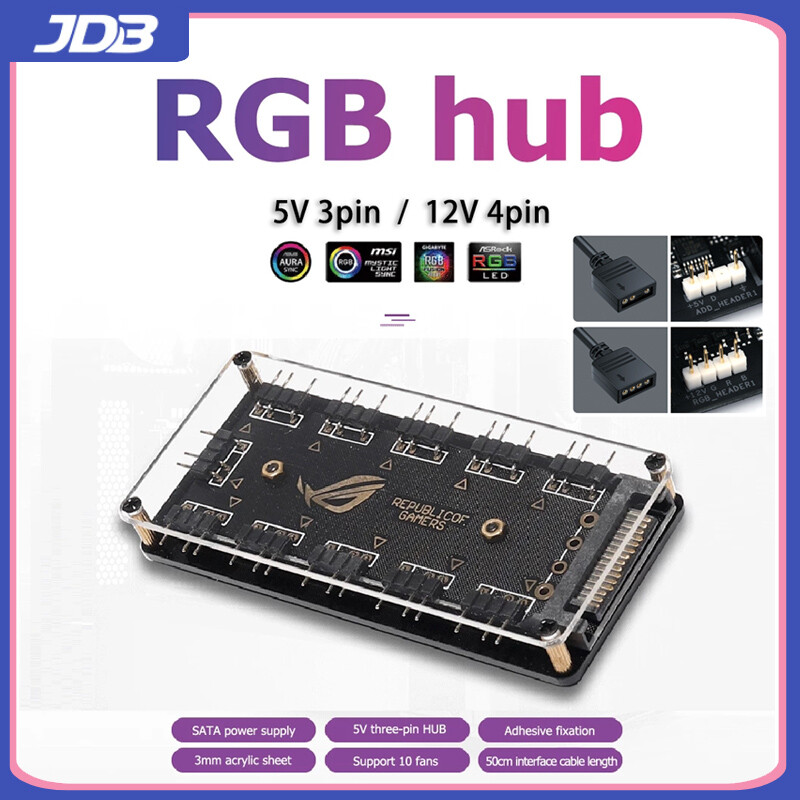 JDB Bộ Chia Hub 10 RGB 3 Chấu 12 Chân 3 Chấu 5V Cáp Mở Rộng Bộ Chuyển Đổi SATA Power 3pin 4pin ARGB Dành Cho ASUS AURA SYNC , MSI ASRock Đèn LED RGB Có Vỏ