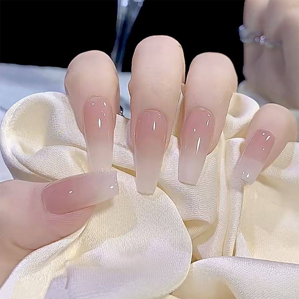 Diler 24 cái/hộp Với Thạch Dán Dài Ba Lê Báo Chí Trên Móng Tay bọc hoàn toàn móng tay Acrylic đầu móng Có Thể Tháo Rời dịu dàng Màu Hồng Móng Giả Phụ Nữ