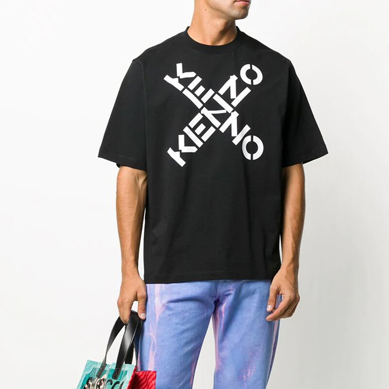 Kenzo áo thun nam tay ngắn ngoại cỡ in chữ thập mới