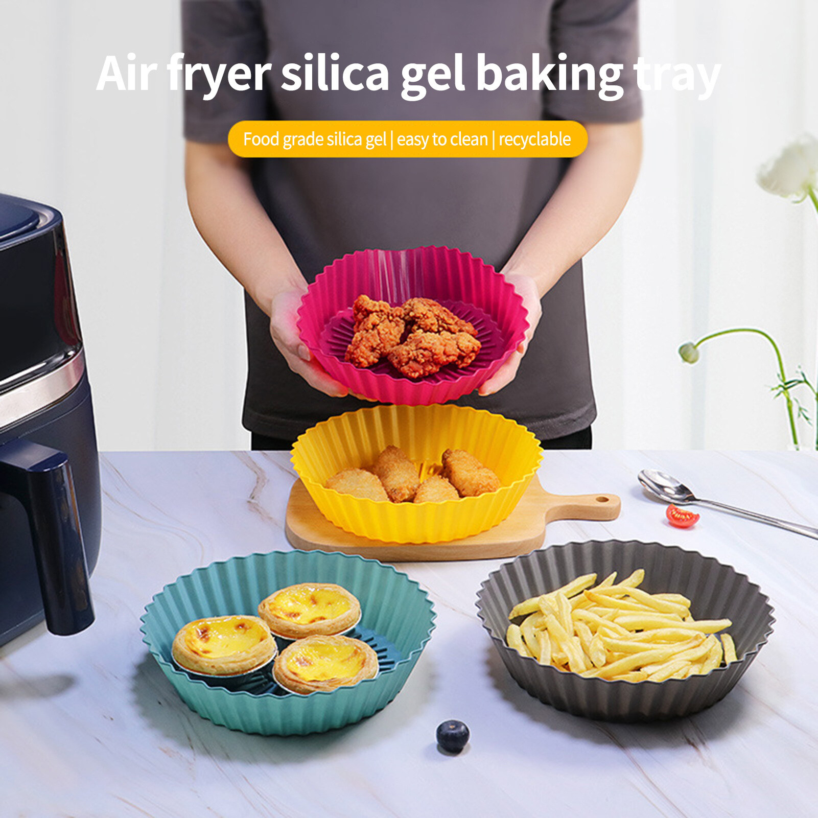【Đã sẵn】 Khay nướng bánh chống dính chịu nhiệt lạnh hình tròn tay cầm Silicon chống nóng Lò chiên bằng không khí phụ kiện nhà bếp dụng cụ nấu ăn