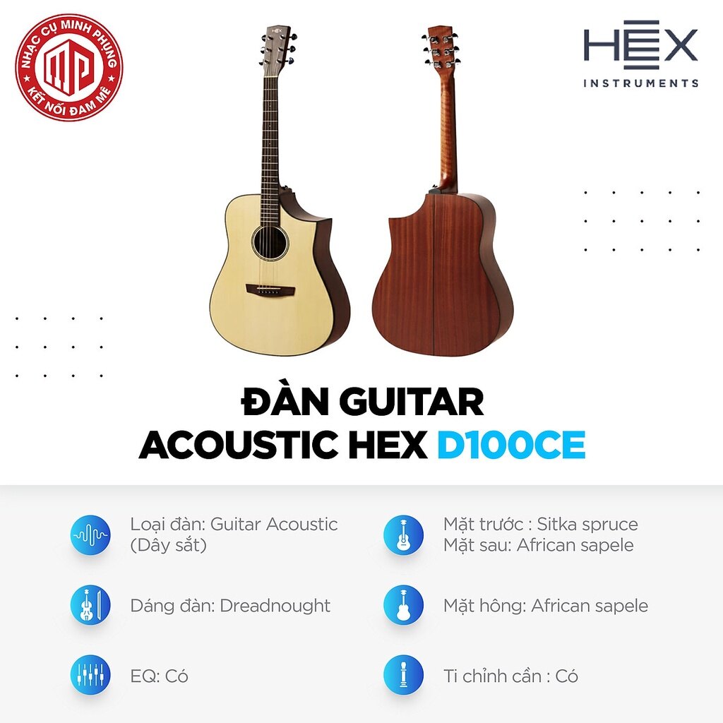 Trọn Bộ Đàn Guitar Acoustic Hex D100CE Hàng chính hãng (Đàn, Bao đàn, Tuner, Dây đàn)