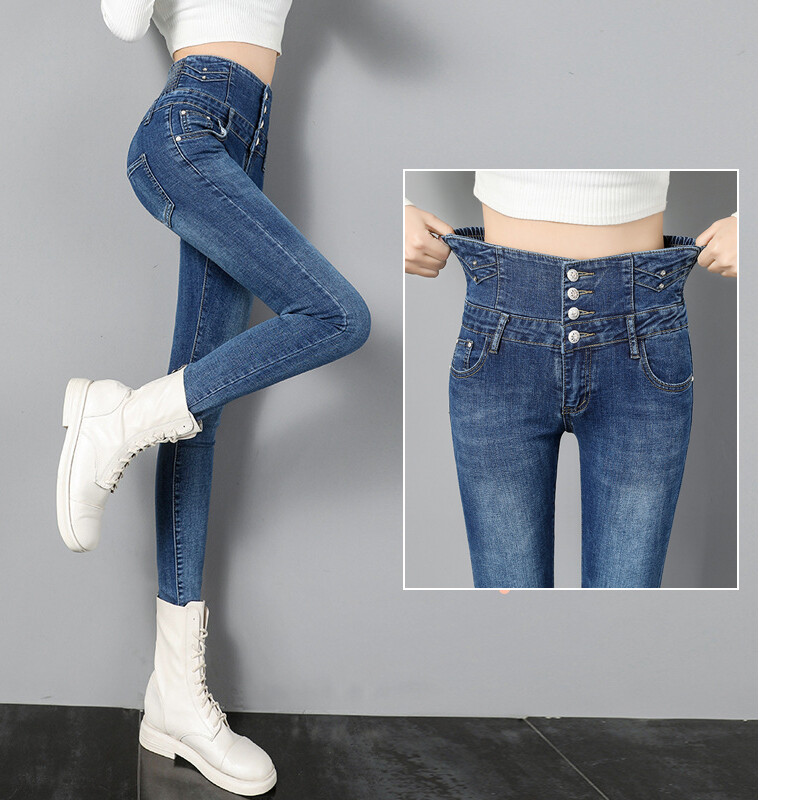 Quần nữ cạp co giãn quần bò bó co giãn cạp cao có cúc mùa xuân thu 2022 quần denim hàn quốc cho nữ