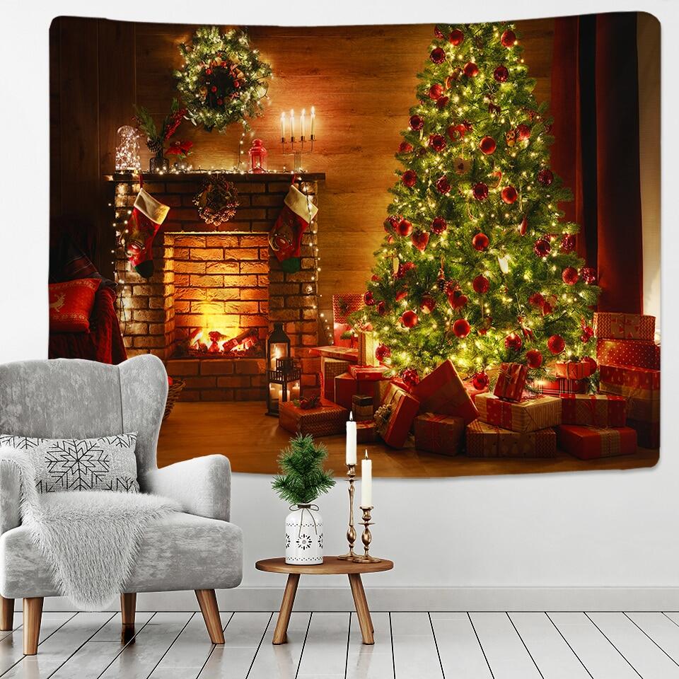 Christmas Tapestry Christmas Tree And Fireplace Warm Family Wall Hanging