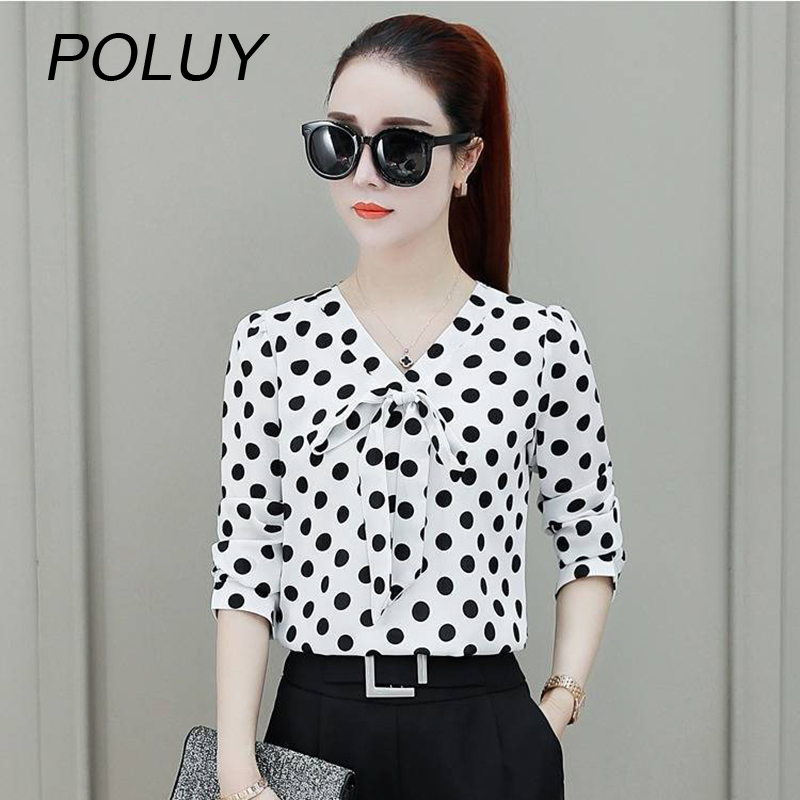 Poluy xuân hè mới áo in chấm bi cổ chữ v hàn quốc áo sơ mi thời trang áo sơ mi nữ ngắn/dài tay áo voan