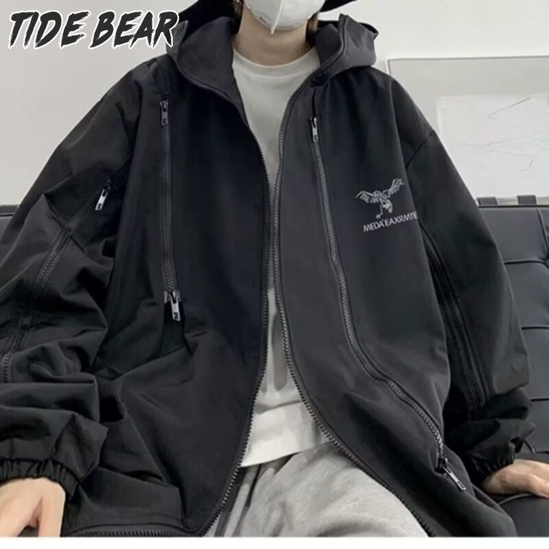 TIDE BEAR Đen trùm đầu bão Áo Khoác Nam mùa xuân và mùa thu Áo mũ trùm đầu ngoài trời Ins lỏng thiết kế chức năng Áo Gió