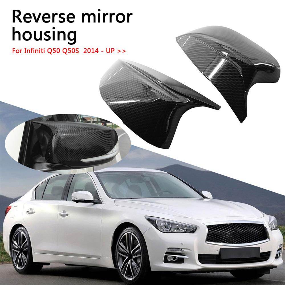 2Pcs Replacement Imitation Carbon Fibre Rearview Mirror Cover Caps Fit For Infiniti Q50 Q60 Q70 Q50S QX30 2014-2020 Bright Black