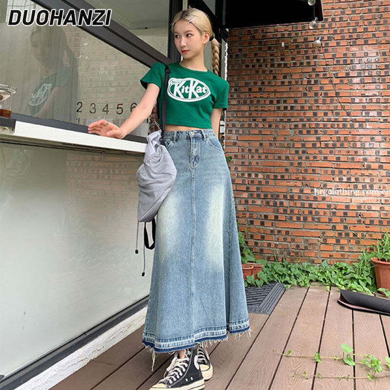 Duohanzi chân váy denim chữ a chân váy mỏng cạp cao mới 2023 cho nữ đầm thường ngày dáng ôm