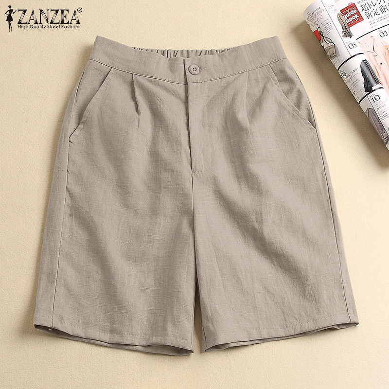 Zanzea quần nóng bỏng có túi bên hông bằng cotton cho nữ quần đùi thường ngày mùa hè màu trơn cạp co giãn #2
