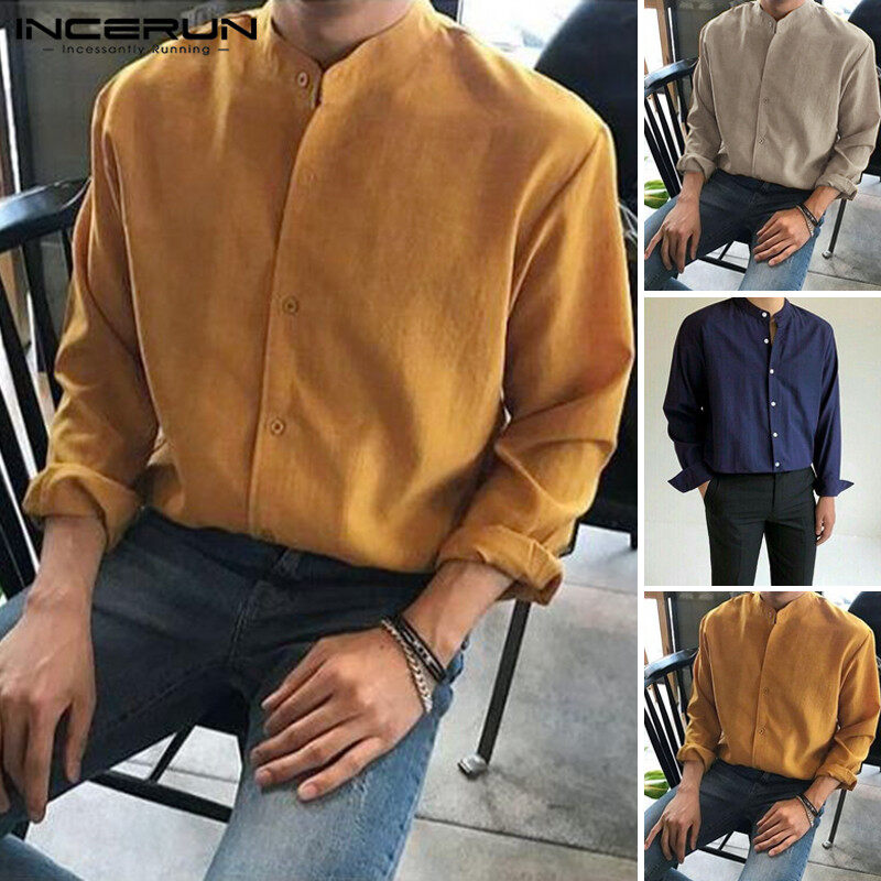 ChArmkpR Store Áo Thun Dài Tay Nam Bằng Cotton INCERUN, Áo Phông Cơ Bản Trơn Nhỏ Lớn Tee
