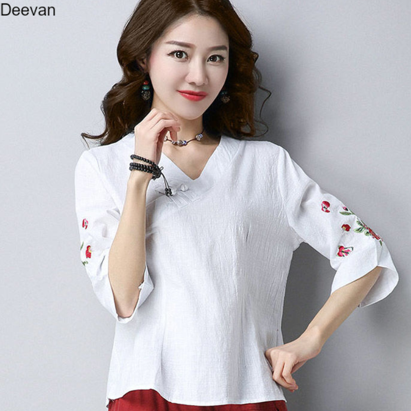 Deevan 1591774321 CottonDesign Áo Thun Nữ Thêu Vải Cotton Phong Cách Dân Tộc Mới Mùa Thu Áo Chui Đầu Tay Lửng Cổ Chữ V Áo Thun Cotton Cổ Điển Phong Cách Trung Quốc Ngoại Cỡ 3BT0206