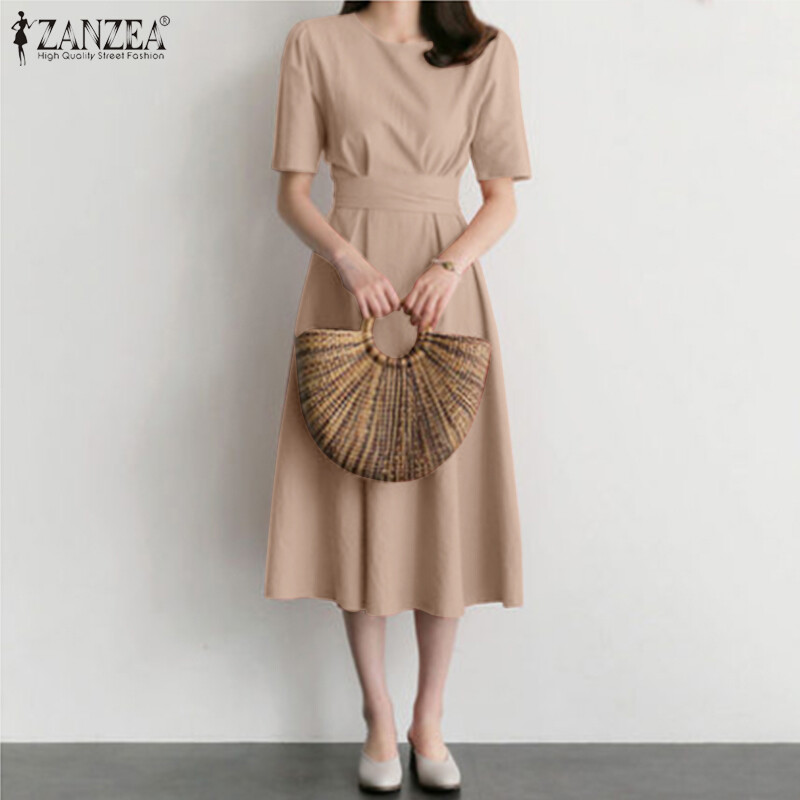 Zanzea đầm midi thanh lịch đa năng cho nữ đầm xòe chữ a cổ tròn đi làm công sở #11