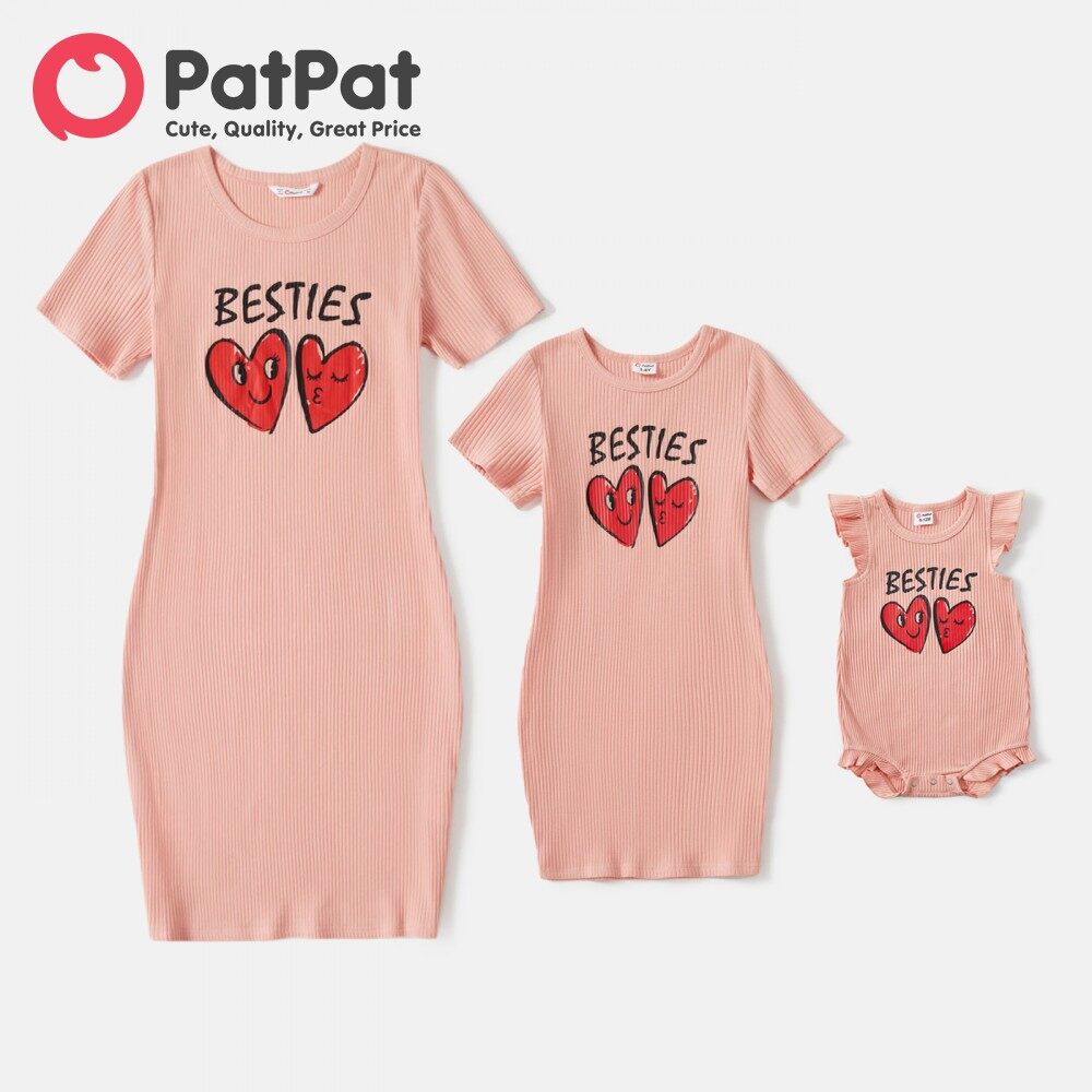 PatPat Valentine's Day Mommy and Me Pink Cotton Ribbed Heart & Letter Print Short-sleeve Bodycon Dresses ราคา 333 บาท*ส่งฟรี