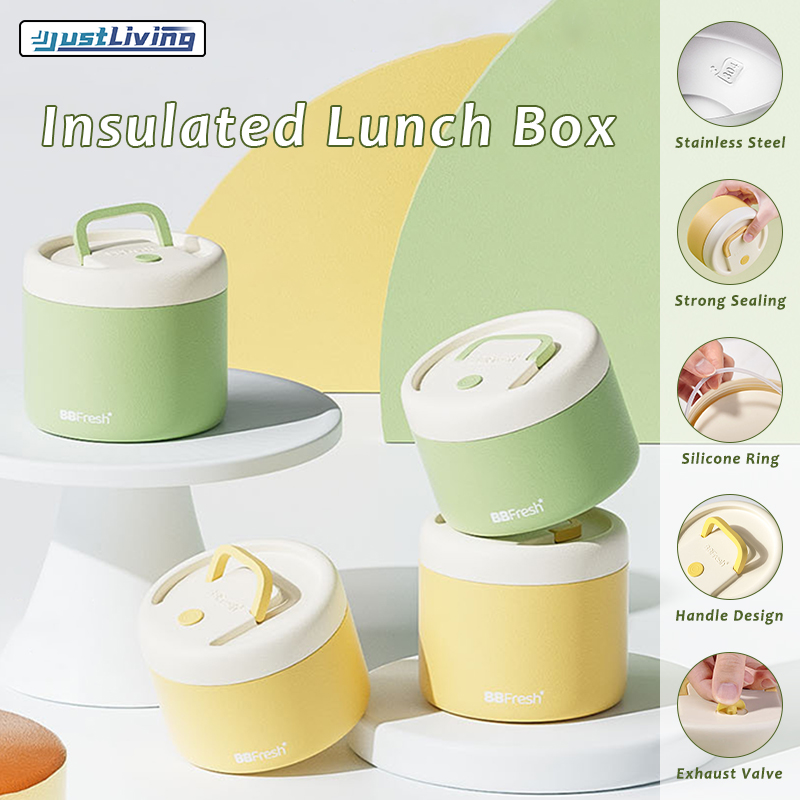 JustLiving 620+420ml 304 Stainless Steel Lunch Box Round Insulated Food Storage Box Sealed Thermos Food Container Lunch Bag Office Worker's Lunch Box Student's Portable Soup Cup Bag Lunch Box Bag ราคา 1,359 บาท*ส่งฟรี