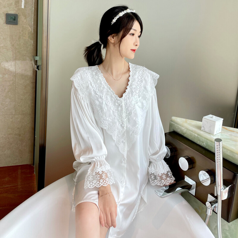 Đồ Ngủ Lụa Chất Lượng Tốt, Váy Ngủ Phong Cách Mới Áo Sơ Mi Nữ Mùa Hè Lụa Lạnh Gợi Cảm Cho Bạn Trai Màu Trắng Mỏng, Trung Bình Cao Cấp Dài