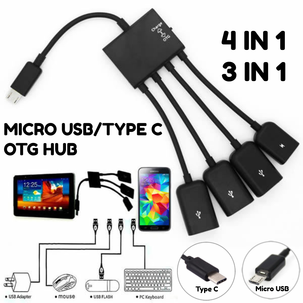 Bộ chia cổng otg micro usb/type c cổng usb 4/3 cáp chuyển đổi bàn phím chuột chơi game cho điện thoại android & máy tính bảng
