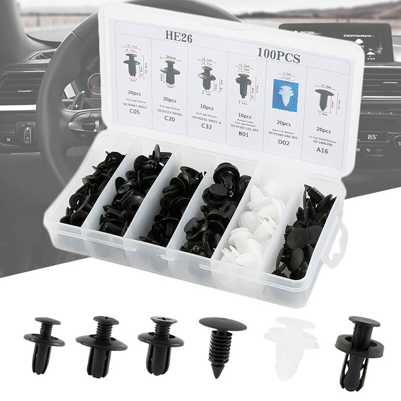 100 Đinh tán kẹp dạng đẩy 6 kích cỡ bảo vệ tấm ốp/ tấm cản/ cửa xe hơi-INTL