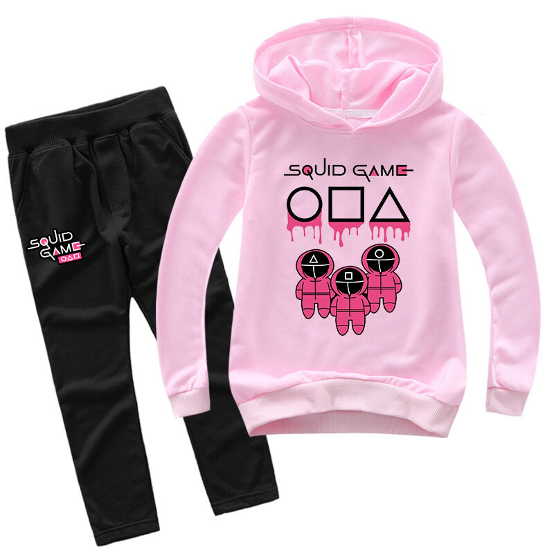Squid Game Quần Nỉ Cotton + Polyester Áo Hoodie Dài Tay Hàn Quốc Xuân Thu Cho Bé Trai Bộ 2 Món Quần 