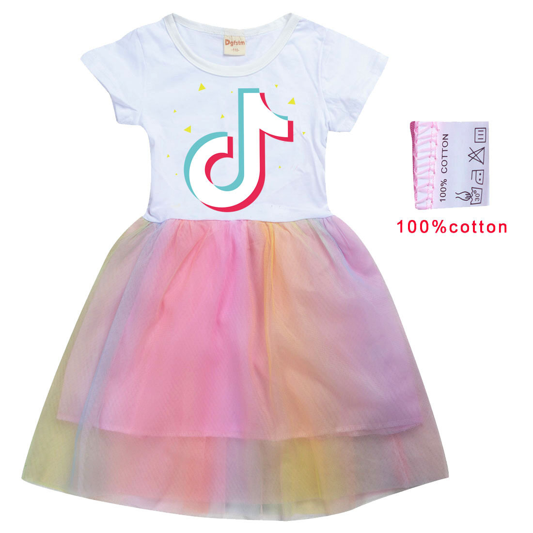 Tik-Toks Girls Rainbow Gauze Dress Girl Baby Short Sleeve Mesh Princess Dress 100% Cotton 8237 Summer Print Hem Flounces Dress - 2