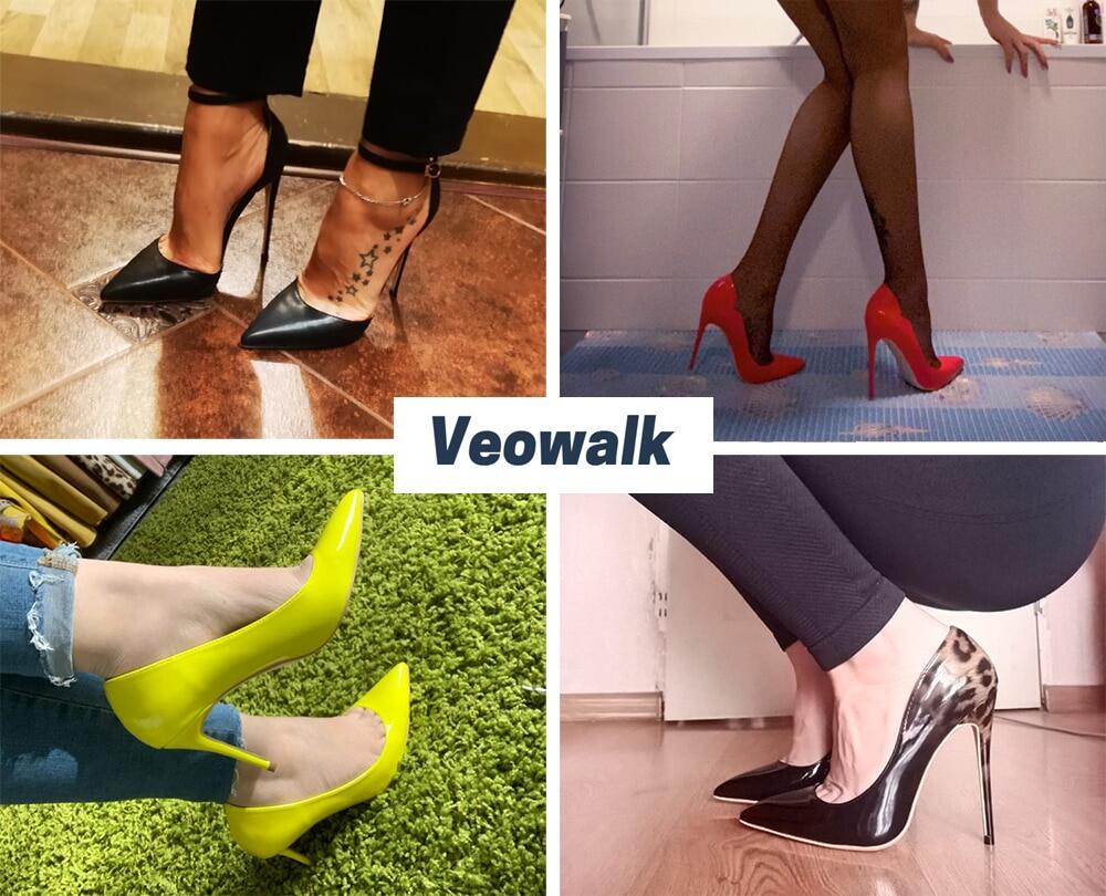 Veowalk 14cm Extremely High Heel Women Black Patent Pointy Toe