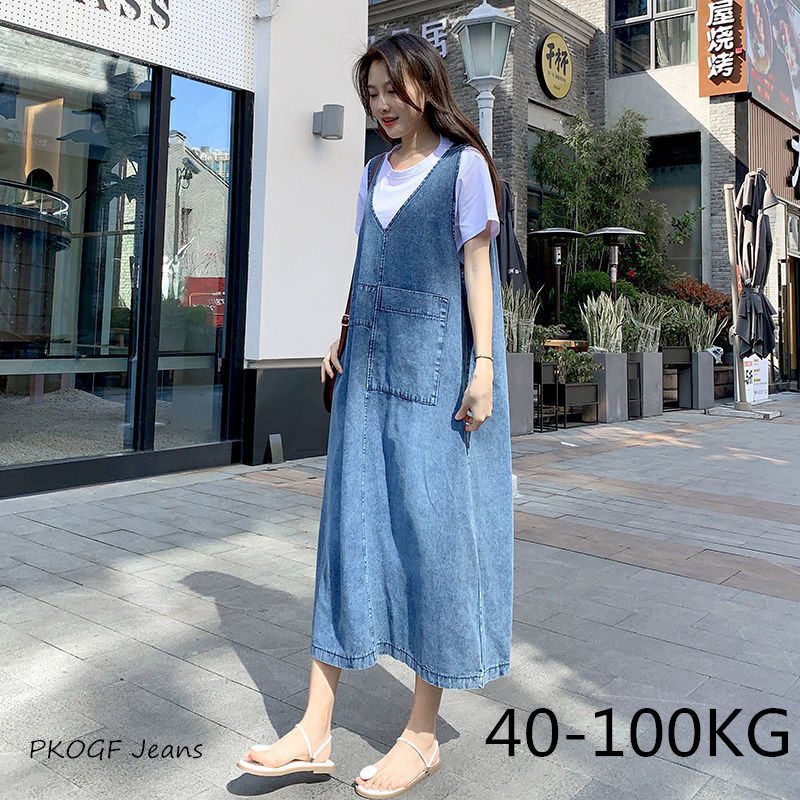 Váy Jeans Nữ Ngoại Cỡ, Đầm Denim Dài Không Tay Cổ Chữ V Có Dây Đeo Cổ Điển Cỡ Lớn Phong Cách Thường Ngày