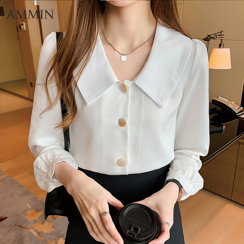 AMMIN Áo Sơ Mi Đơn Giản Màu Trơn Kiểu Pháp Cổ Điển, Áo Nữ Rộng Cổ Chữ V Một Hàng Khuy Áo Cánh Vải Voan Dài Tay Mới 2021