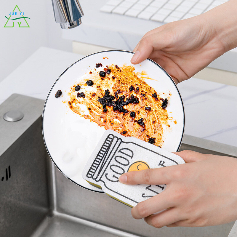 Ks miếng bọt biển rửa chén hoạt hình miếng cọ rửa dụng cụ nhà bếp khử trùng bàn chải nồi rửa chén hai mặt bàn chải làm sạch 4 miếng