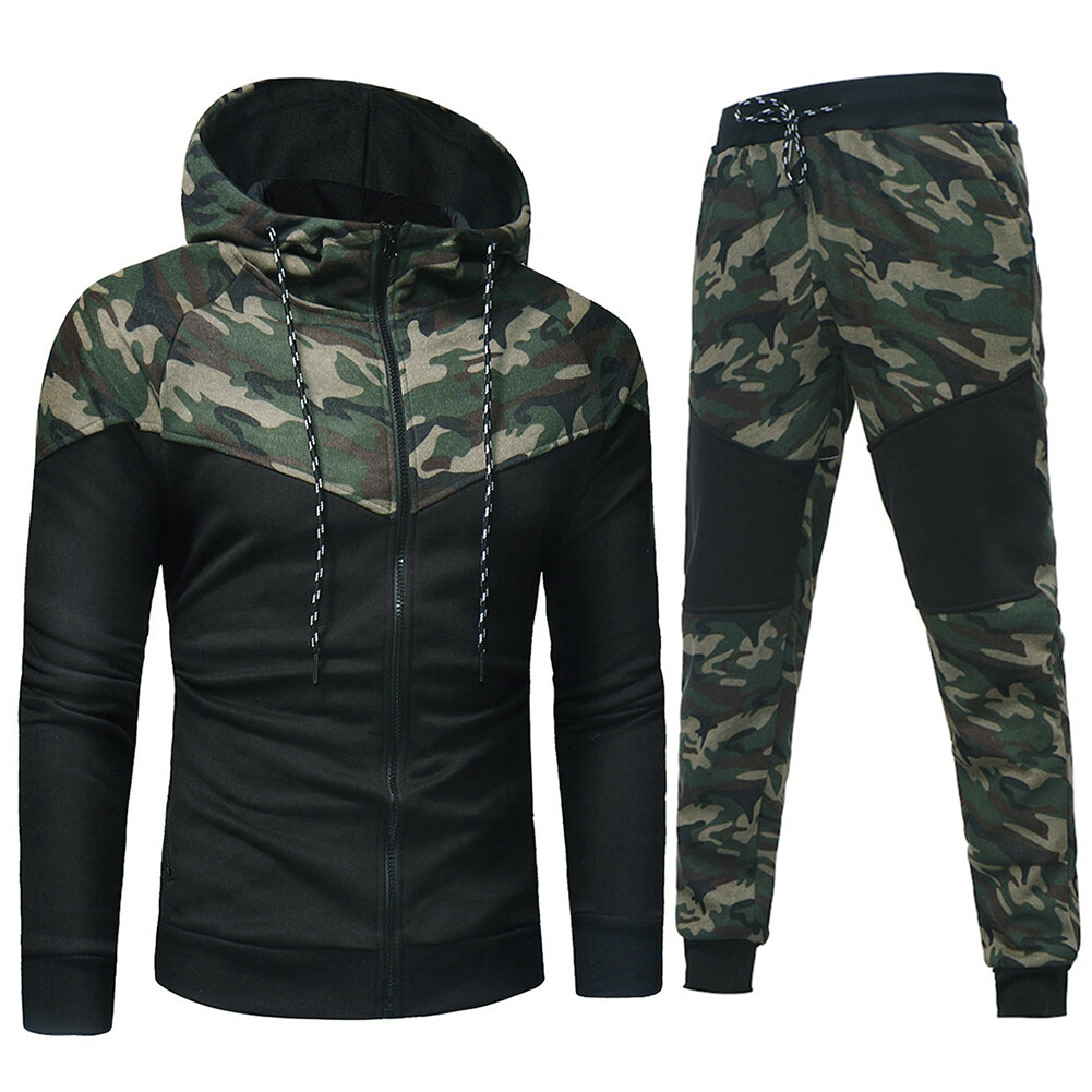 เหวินเฉิงโบ®Chic Men Camouflage พิมพ์ Casual Sport เสื้อโค้ทมีฮู้ดและมีซิปกางเกงชุดสูท