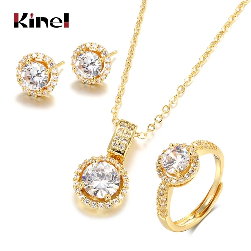 Kinel 18K Zircon Jewelry Sets Engagement Ring Necklace Earring For Bridal Wedding Jewelry Valentine's Day Gift For Women