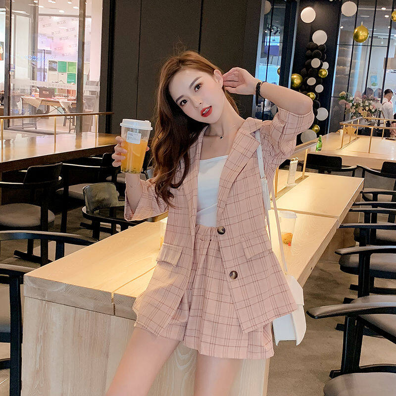 Bộ Đồ Công Sở 2 Món Cho Nữ, Gồm Áo Và Quần Soóc Kẻ Sọc Vuông Trang Trọng, Mặc Hàng Ngày Mùa Hè, Phong Cách Hàn Quốc