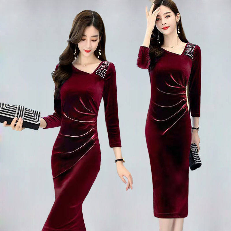 Váy ôm mông dài quý phái và thanh lịch dự tiệc đầm dạ hội váy nhung dành cho nữ màu vàng mùa xuân và mùa thu