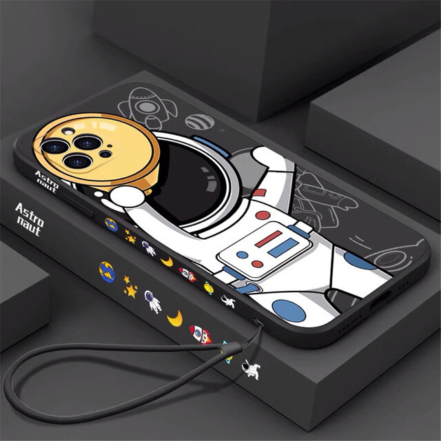 Ốp Lưng Bảo Vệ Chống Sốc TPU Mềm Cho iPhone 7 8 SE 2020 X XS XR Max Plus Ốp Lưng Silicon Lỏng Hình Vuông Đáng Yêu Phim Hoạt Hình Phi Hành Gia 3D Có Dây Đeo Ốp Điện Thoại Cho iPhone 11 12 13 14 Pro Max