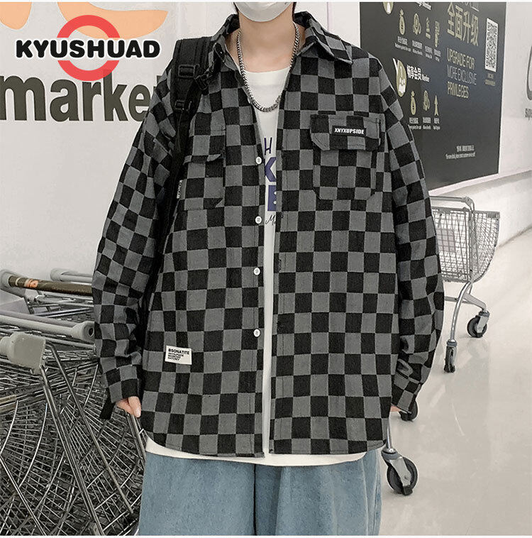Kyushuad áo khoác denim cho nam áo sơ mi ca rô rộng tay dài áo khoác mỏng cho nam