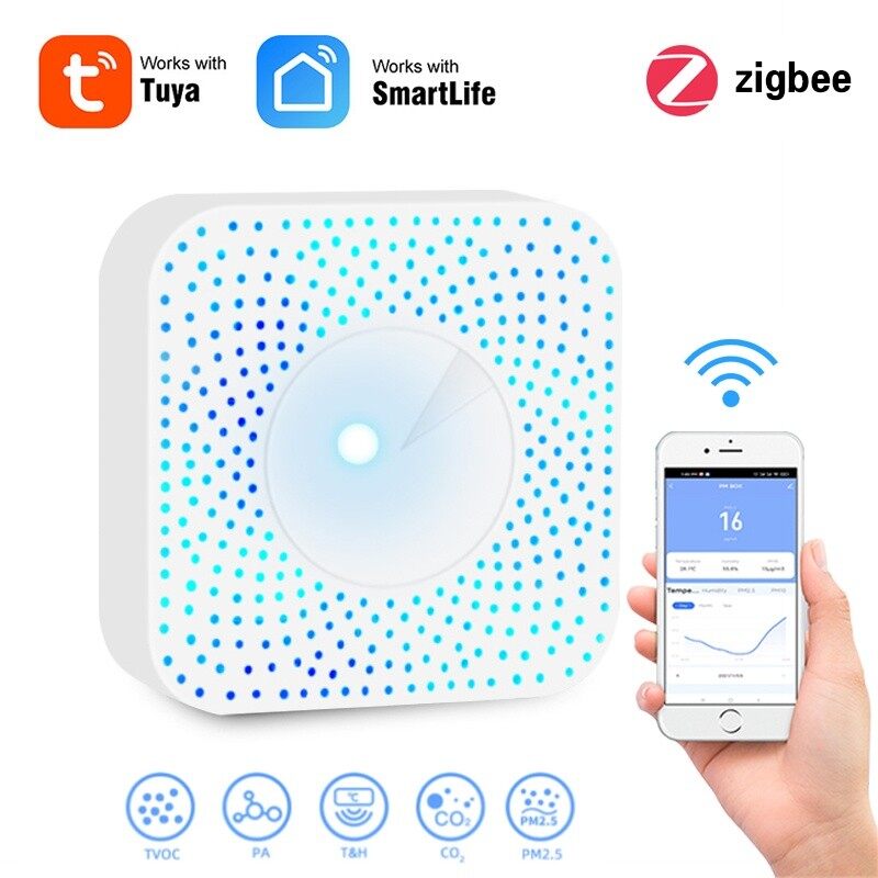 E life smart store tuya zigbee thông minh không khí quản gia nhiệt độ độ ẩm smar tuya cảm biến bộ dò không khí hộp đa chức năng 6 trong 1 ứng dụng màn hình pm2.5, formaldehyde, voc, co2, nhiệt độ, độ ẩm