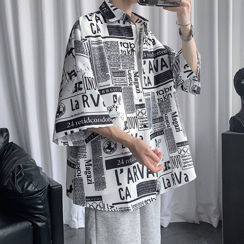 Áo In Báo Mùa Hè Cho Nam, Áo Sơ Mi Đường Phố Raglan Tay Ngắn Quá Khổ 3/4