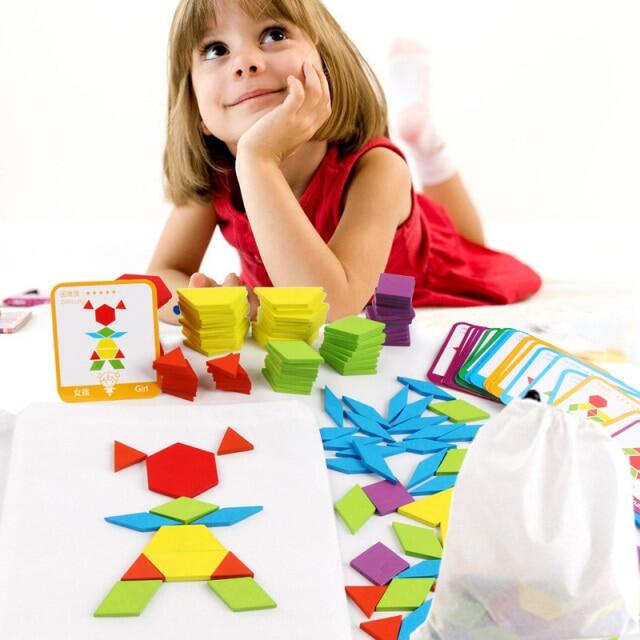 155Pcs 3d ไม้ตัวต่อจิกซอว์การศึกษาเด็กปฐมวัยเรขาคณิต Tangram เกมไม้ของเล่นเด็กเรียนรู้แบบ Montessori