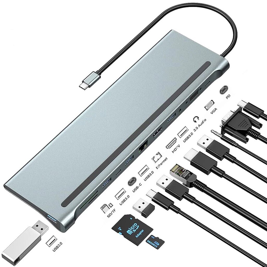 Trạm sạc type-c 12 trong 1 bộ chuyển đổi usb-c sang hdmi 4k rj45 vga pd charge đầu đọc sd/tf hub usb c usb3.0 cho máy tính xách tay máy vi tính