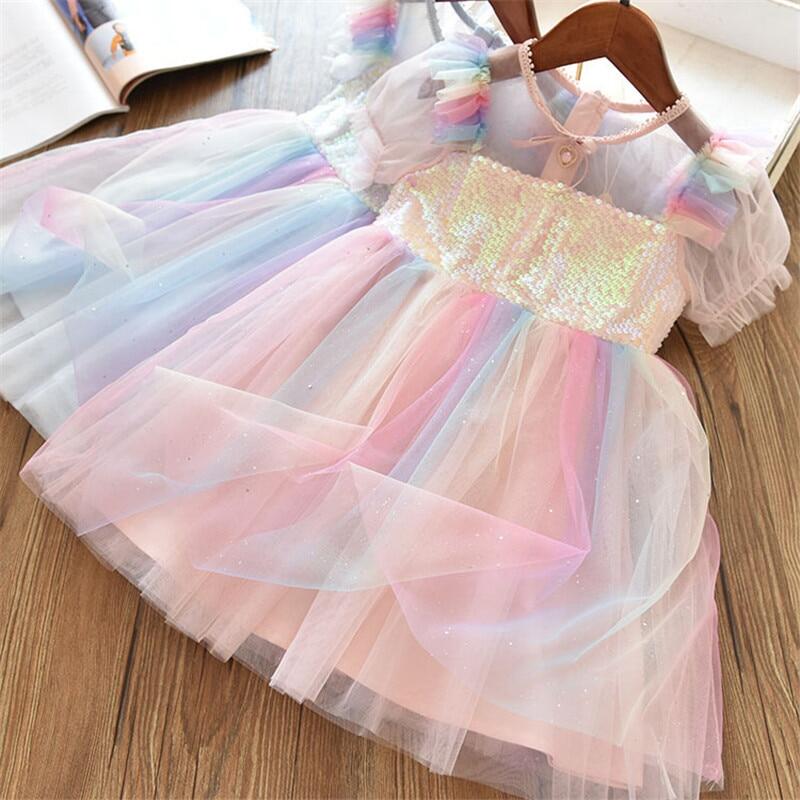 New Kids Váy Cho Bé Gái Đầm Tay Ngắn Sequined Trang Phục Dự Tiệc Cổ Tích Mùa Hè Puffy Dress Cầu Vồng Quần Áo Trẻ Em