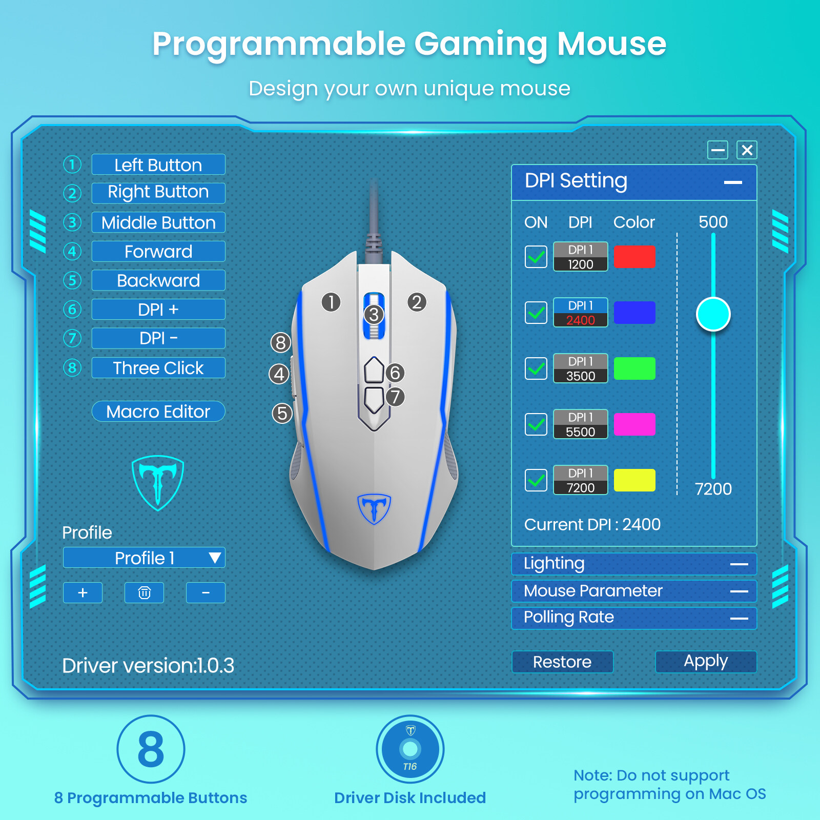VicTsing PC205 RGB Gaming Mouse with 8 Programmable Buttons 7200 DPI Optical Ergonomic Gaming