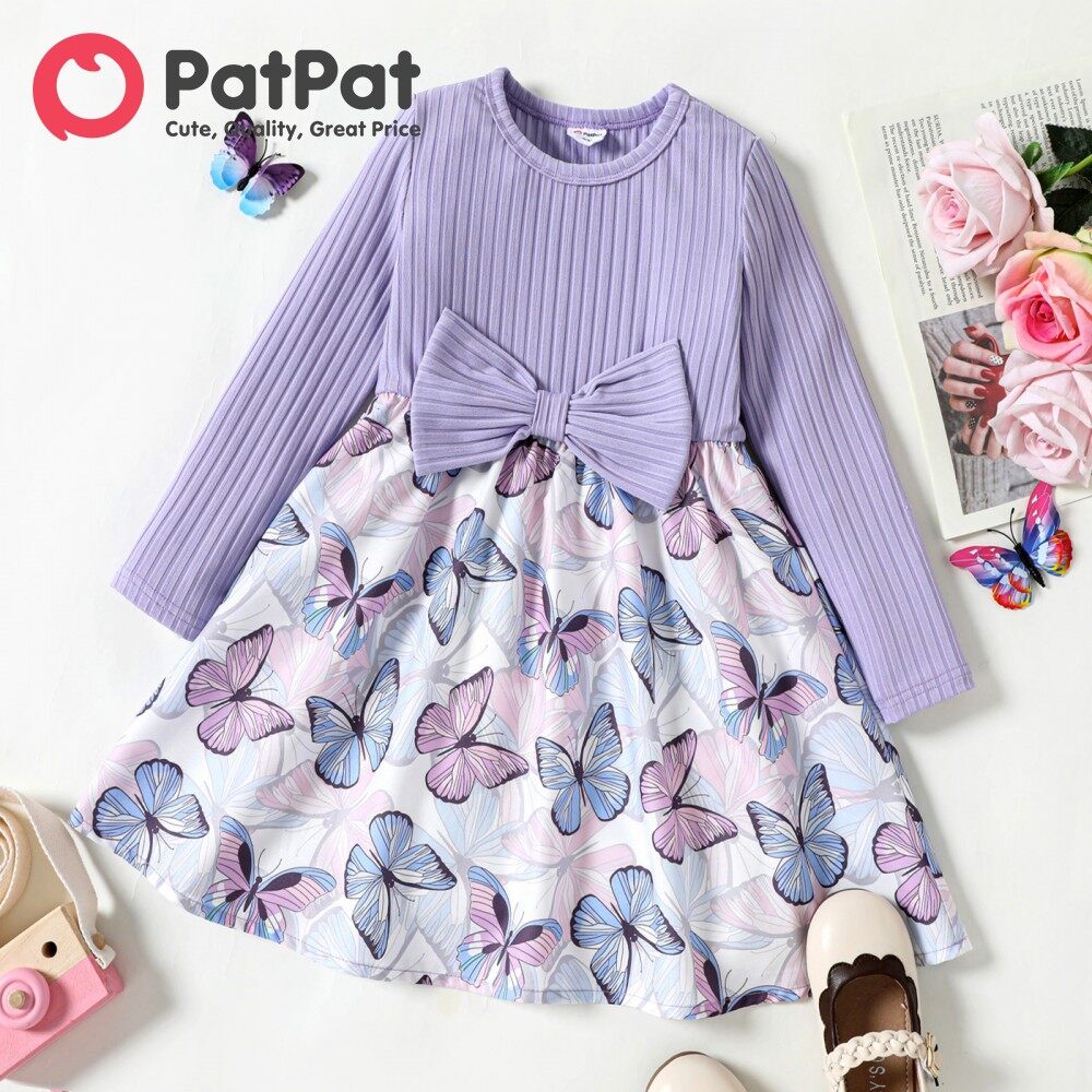 PatPat Kid Girl Dress Purple Butterfly Print Splice 3D Bowknot Design Long