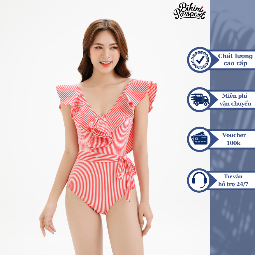 Đồ bơi NỮ BIKINI PASSPORT kiểu Một mảnh cổ V cánh rũ cách điệu - màu Kẻ Hồng - BS437_KH
