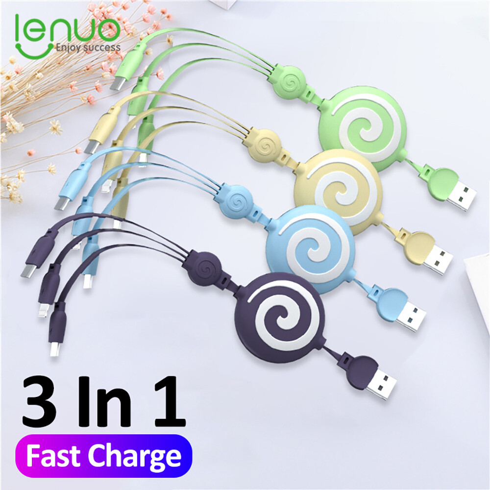 Màu kẹo lenuo cáp sạc nhanh 3 trong 1 cáp sạc thu rút micro usb / type c / lightning 1m, cáp sạc nhanh cho huawei iphone samsung xiaomi oppo vivo