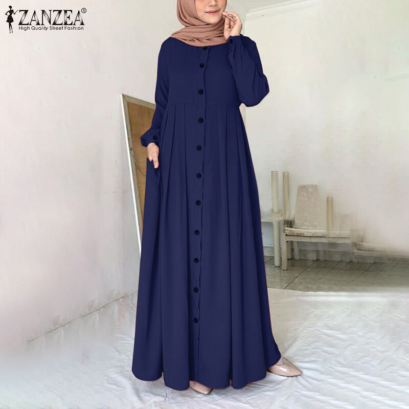 MOMONACO ZANZEA Muslimahผู้หญิงมุสลิมAbayaดูไบปุ่มเสื้อคลุมแขนยาวเสื้อแม๊กซี่เชิ้ต