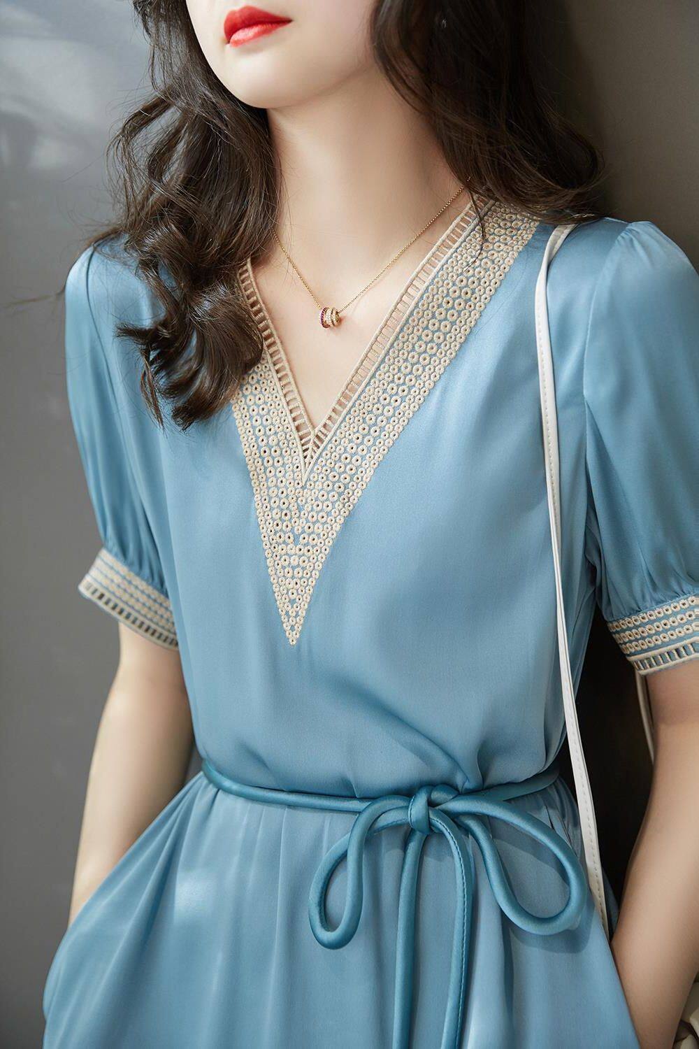 Đầm Ngắn Tay Alisa Sonya Cho Nữ, Dáng Chữ A, Cổ Chữ V, Dáng Ôm, Có Thắt Lưng, Thanh Lịch