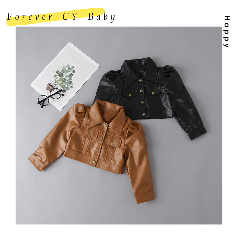 【Forever CY Baby】quần Đùi Bỏ Túi Có Nút 2-7 Tuổi, Áo Khoác Da PU Outwear Áo Khoác Bé Gái Mùa Thu Đông Thời Trang, Tay Áo Phồng Màu Trơn