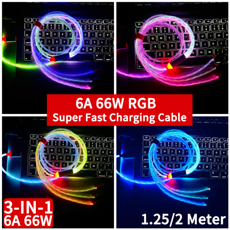 Cáp sạc siêu nhanh 3 trong 1 rgb 6a 66w cáp sạc micro usb type-c dòng dữ liệu phát sáng nhiều màu sắc mát mẻ cho ios android