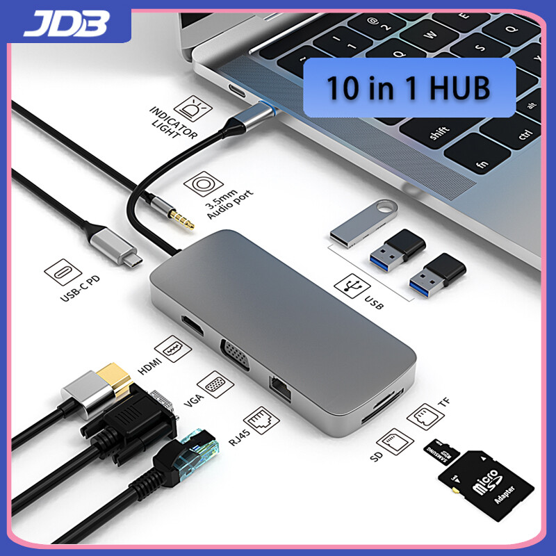 Bộ Chia USB JDB, HUB C Bộ Chuyển Đổi HDMI Dock 10 Trong 1 USB C Sang USB 3.0 USB-C RJ45 VGA Âm Thanh 3.5Mm PD Dành Cho MacBook Pro Phụ Kiện Bộ Chia USB-C Loại C Bộ Chia USB C