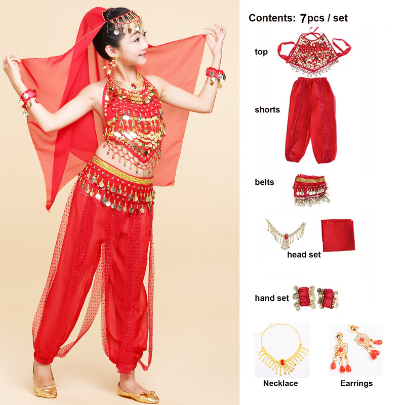 Thiên Nhiên Ngôi Sao Bé Gái Múa Bụng Trang Phục Bộ Phương Đông Vũ Bé Gái Ấn Độ Bụng Nhảy Dance 7 Pcs-Bộ