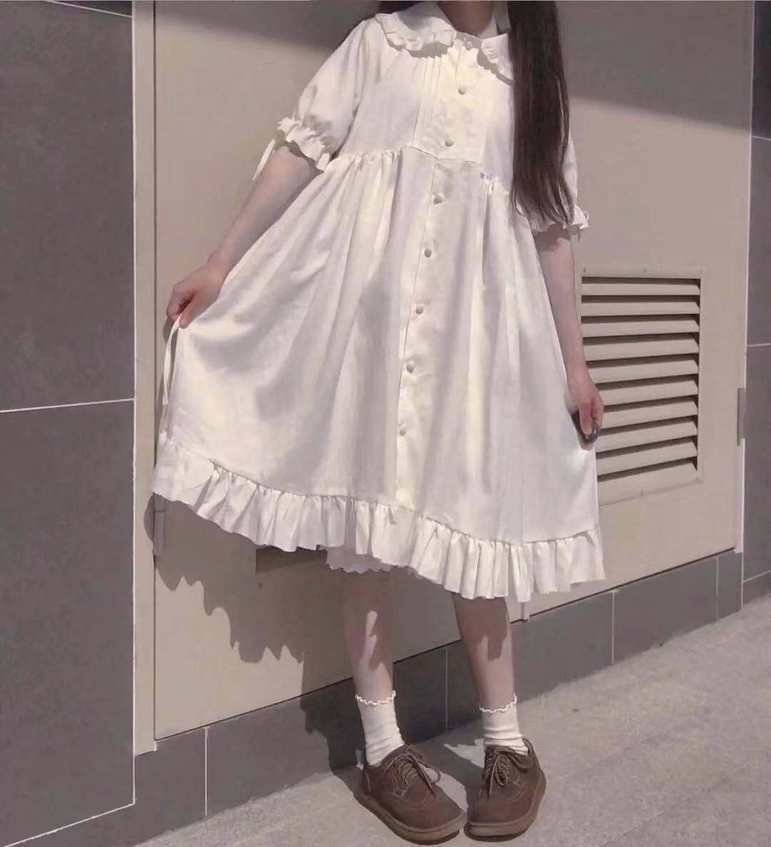 Lolita soft girl fairy dress spring Japanese style soft girl doll collar lace up ruffled dress cute female